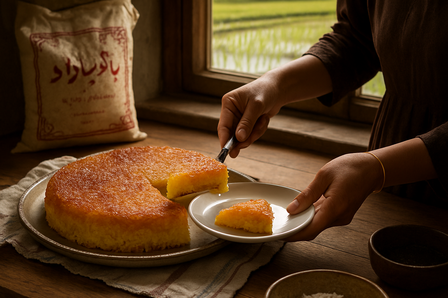 برش و سرو ته‌دیگ طلایی با برنج طارم مازندران — طارم یا هاشمی برای ته‌دیگ